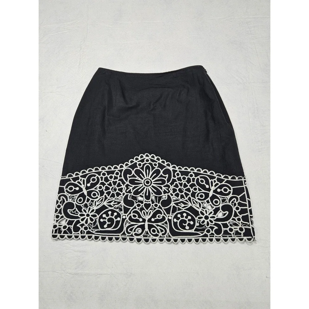 Carlisle Black Linen Cotton Floral Eyelet Embroidered‎ Scalloped Pencil Skirt 8